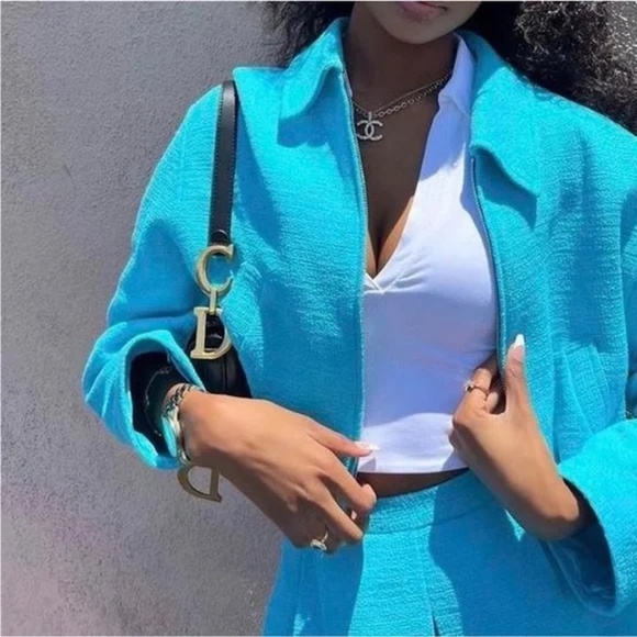 SET: textured bomber jacket + skirt sky blue size S NWT - Picture 5 of 5